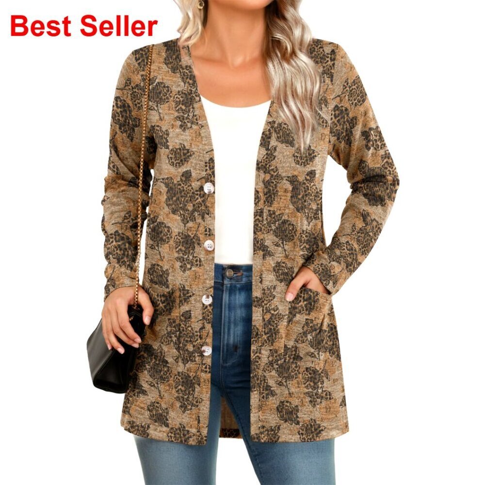 Lightweight Soft Knit Cardigan with Pockets, Open Front Long Sleeve Sweater